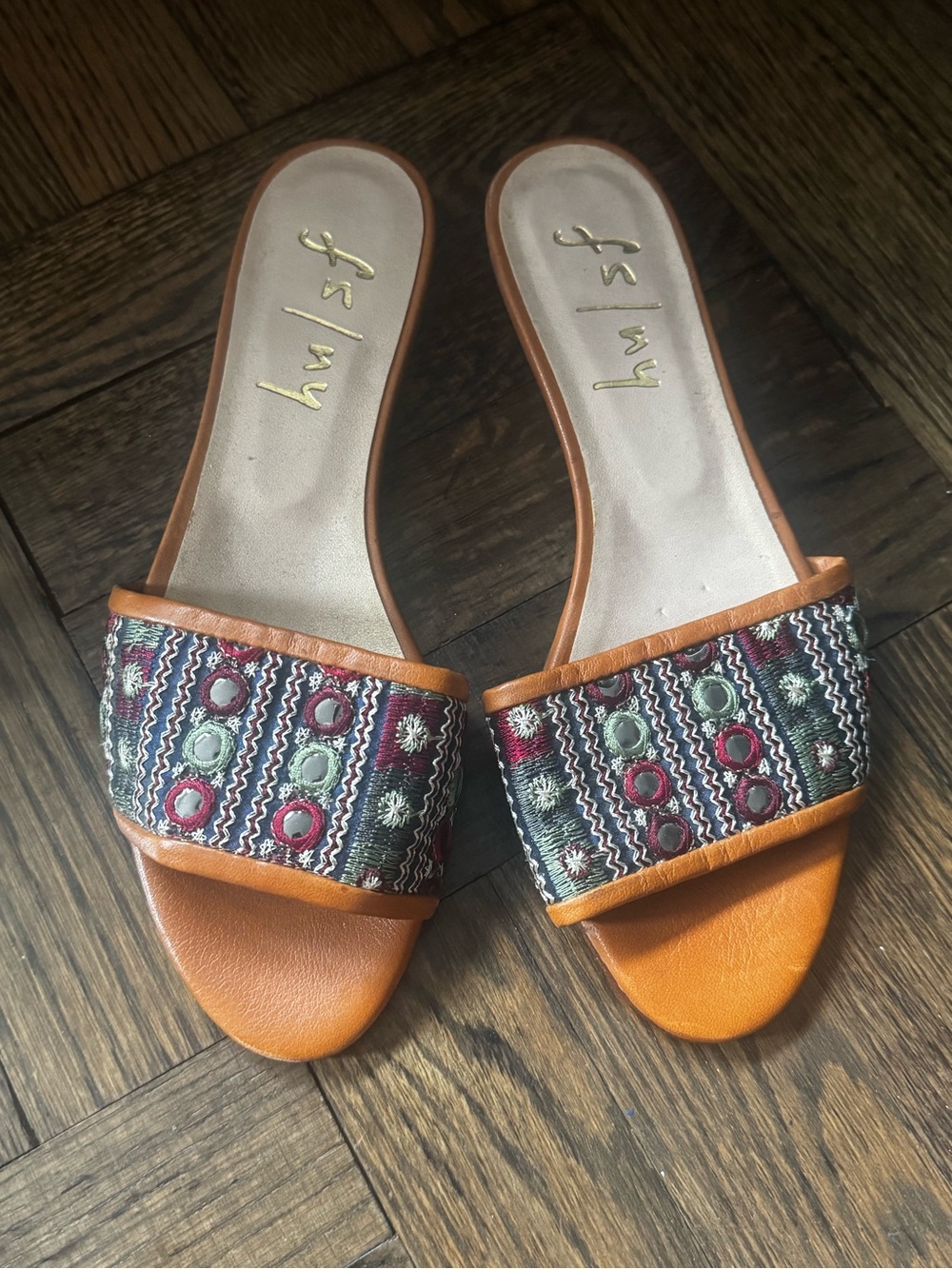French Sole Orange Embroidered Slide Sandals